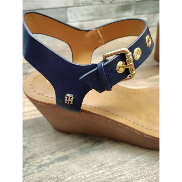 Tommy Hilfiger Navy Blue Wedge Platform Sandals Womens 9.5 Gold Logo Boho - Picture 5 of 10